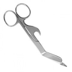 Bandage scissors with a hook for opening injection vials